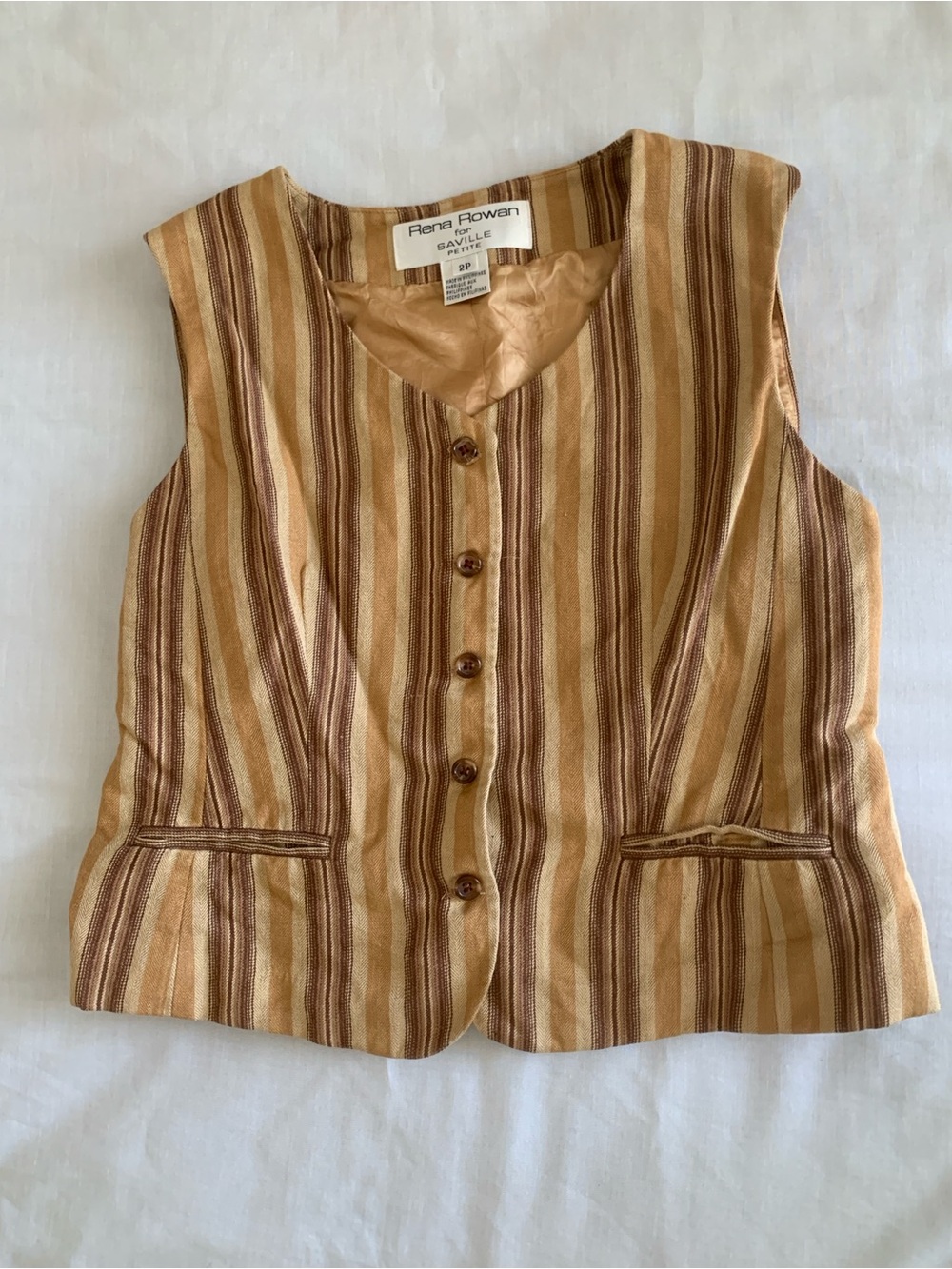 VTG Rena Rowan for Saville Petite Striped Linen Blend Vest Size 2P 90s Tailored